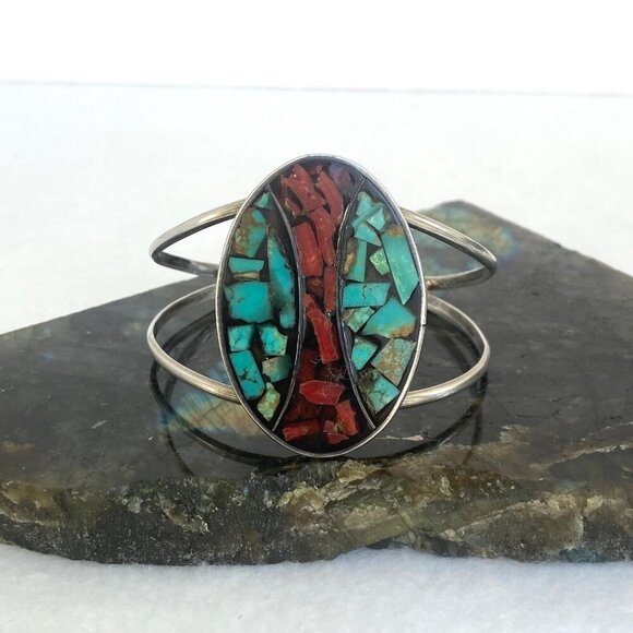 VTG Sterling Silver 925 Southwest Oval Crushed Turquoise Coral Cuff Bracelet